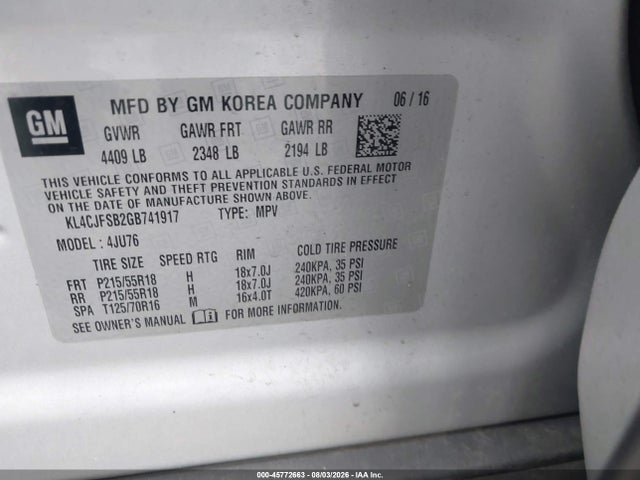Aukcja sprzedaży 2016 Buick Encore Convenience, vin: KL4CJFSB2GB741917, numer aukcji: 45772663