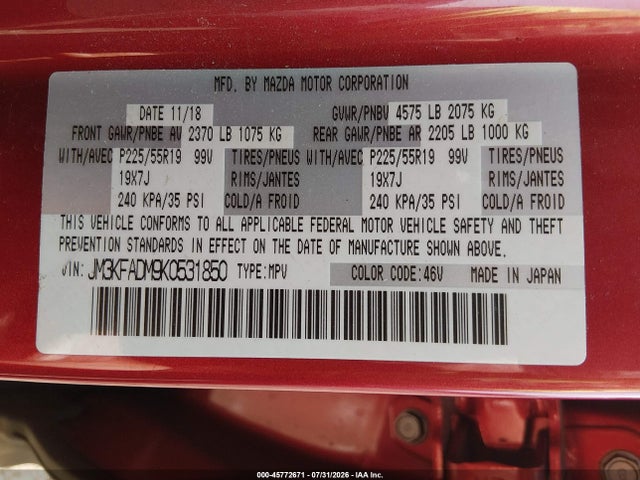 45772671 :رقم المزاد ، JM3KFADM9K0531850 vin ، 2019 Mazda Cx-5 Grand Touring مزاد بيع