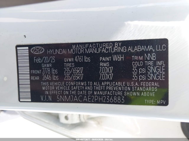Aukcja sprzedaży 2023 Hyundai Tucson Se, vin: 5NMJACAE2PH236883, numer aukcji: 45772677