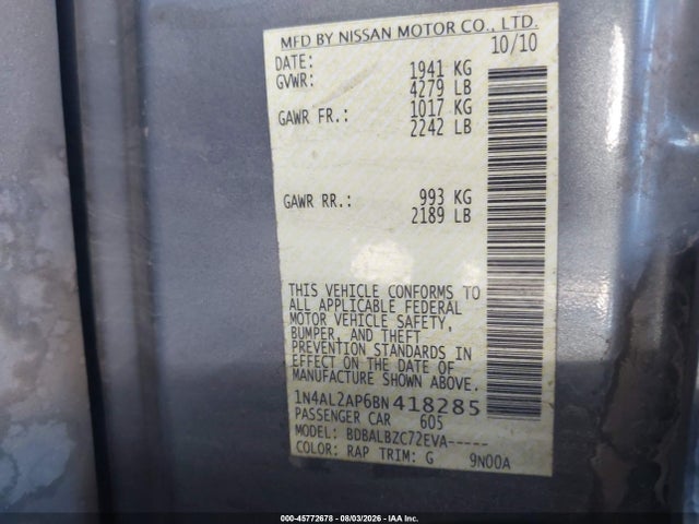 Продаж на аукціоні авто 2011 Nissan Altima 2.5 S, vin: 1N4AL2AP6BN418285, номер лоту: 45772678