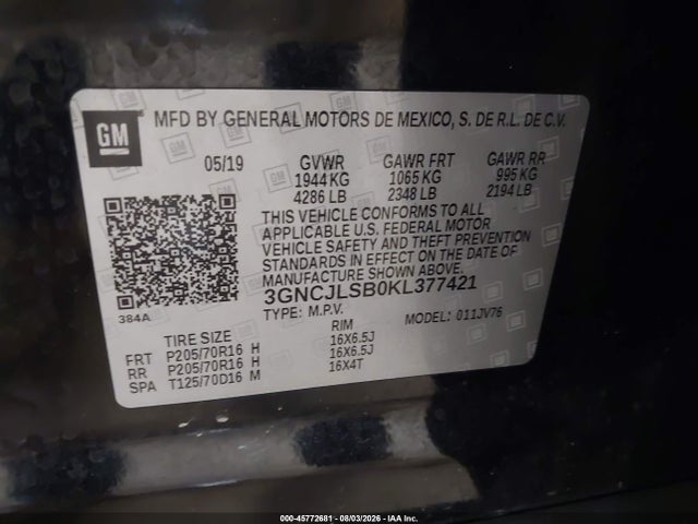 Продажа на аукционе авто 2019 Chevrolet Trax 1lt, vin: 3GNCJLSB0KL377421, номер лота: 45772681