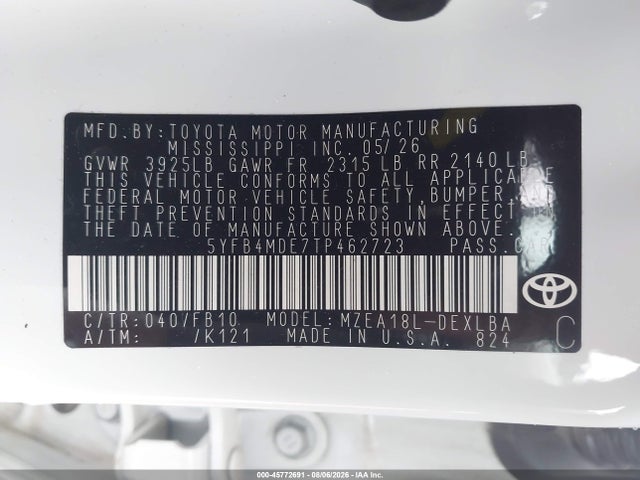Aukcja sprzedaży 2026 Toyota Corolla Le, vin: 5YFB4MDE7TP462723, numer aukcji: 45772691