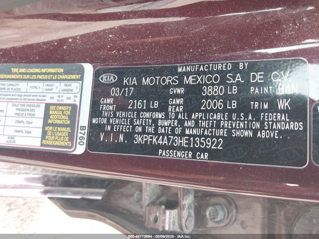 Продажа на аукционе авто 2017 Kia Forte Lx, vin: 3KPFK4A73HE135922, номер лота: 45772694