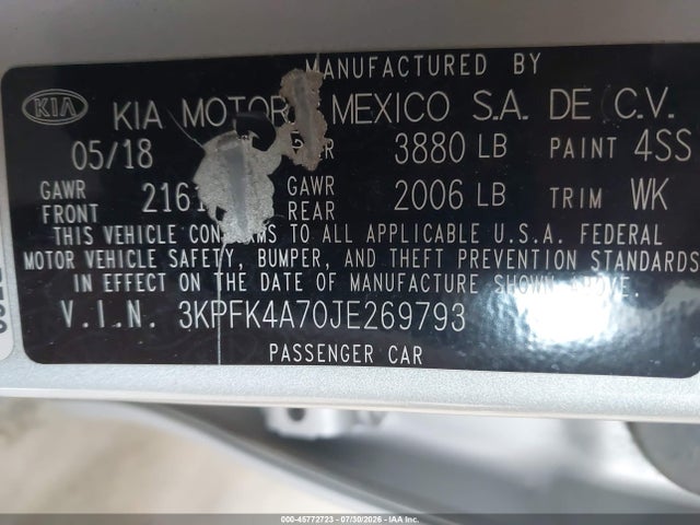 Продажа на аукционе авто 2018 Kia Forte Lx, vin: 3KPFK4A70JE269793, номер лота: 45772723