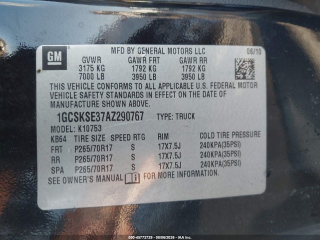 2010 Chevrolet Silverado 1500 Lt მანქანა იყიდება აუქციონზე, vin: 1GCSKSE37AZ290767, აუქციონის ნომერი: 45772729