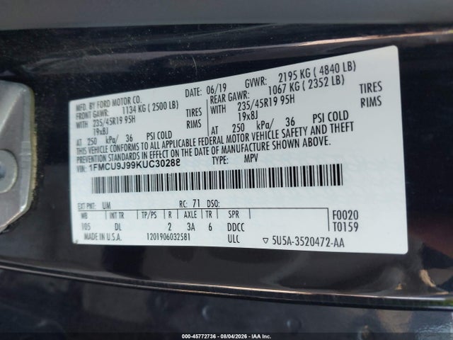 Aukcja sprzedaży 2019 Ford Escape Titanium, vin: 1FMCU9J99KUC30288, numer aukcji: 45772736