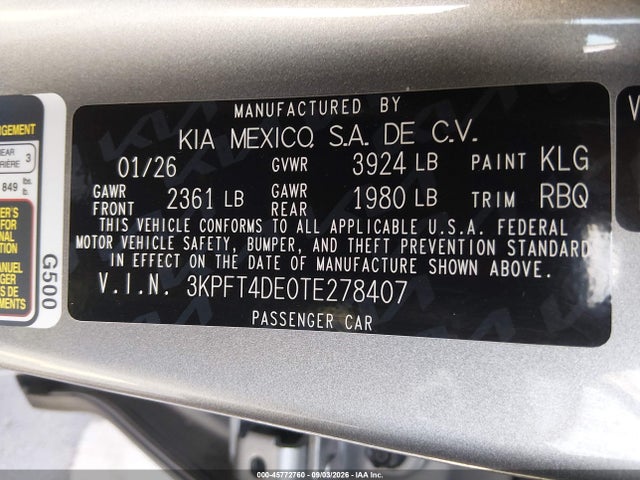 Продаж на аукціоні авто 2026 Kia K4 Lxs, vin: 3KPFT4DE0TE278407, номер лоту: 45772760