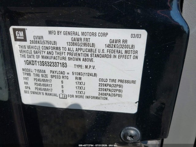 45772764 :رقم المزاد ، 1GKDT13S632337183 vin ، 2003 Gmc Envoy Sle مزاد بيع
