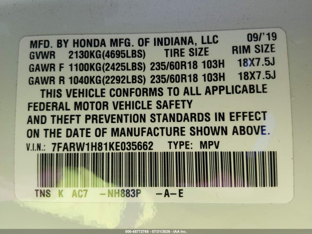 45772765 :رقم المزاد ، 7FARW1H81KE035662 vin ، 2019 Honda Cr-v Ex-l مزاد بيع
