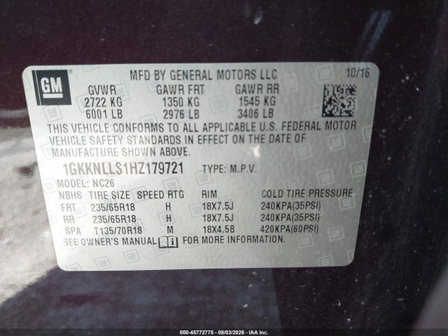 Продажа на аукционе авто 2017 Gmc Acadia Sle-2, vin: 1GKKNLLS1HZ179721, номер лота: 45772775