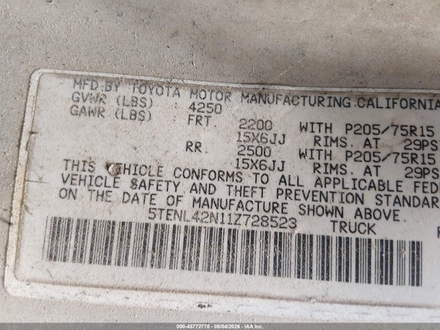 Aukcja sprzedaży 2001 Toyota Tacoma, vin: 5TENL42N11Z728523, numer aukcji: 45772778