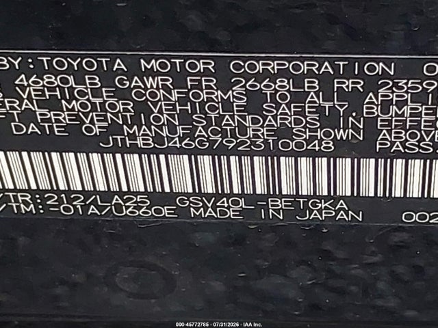 Aukcja sprzedaży 2009 Lexus Es 350, vin: JTHBJ46G792310048, numer aukcji: 45772785