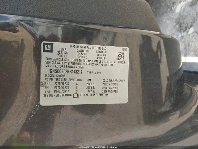 45772797 :رقم المزاد ، 1GNSCCE02BR178217 vin ، 2011 Chevrolet Tahoe Ltz مزاد بيع