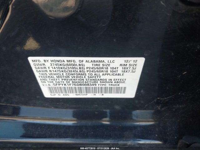 Aukcja sprzedaży 2013 Honda Ridgeline Sport, vin: 5FPYK1F76DB008349, numer aukcji: 45772810
