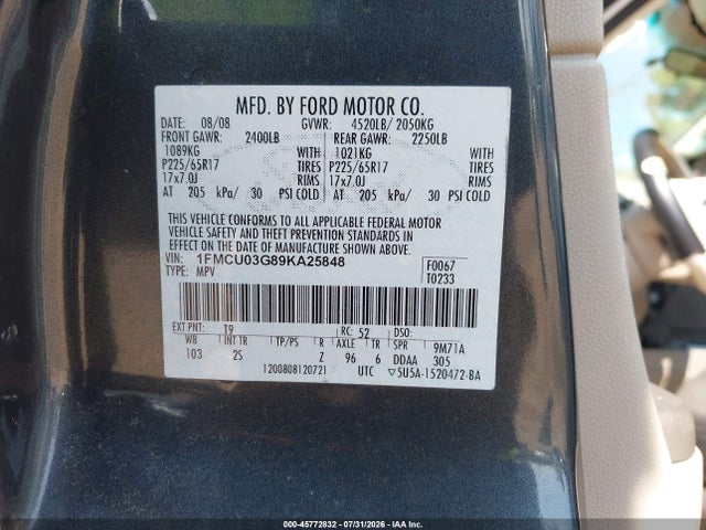 2009 Ford Escape Xlt მანქანა იყიდება აუქციონზე, vin: 1FMCU03G89KA25848, აუქციონის ნომერი: 45772832