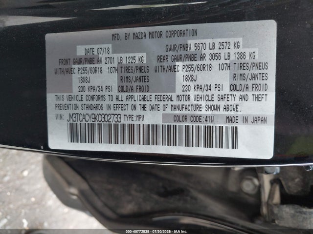 2019 Mazda Cx-9 Touring მანქანა იყიდება აუქციონზე, vin: JM3TCACY9K0302733, აუქციონის ნომერი: 45772835