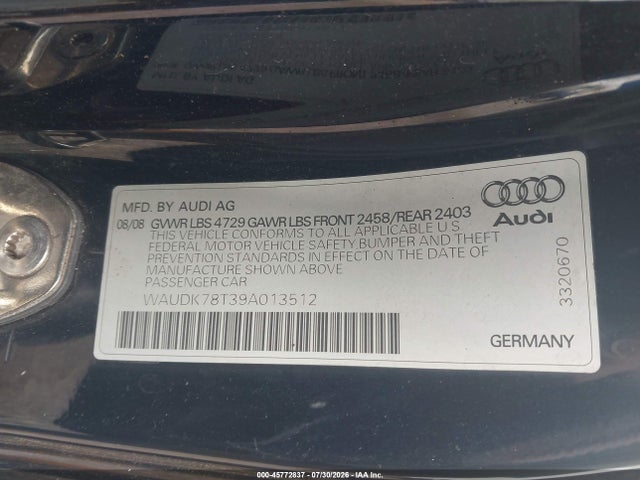 Aukcja sprzedaży 2009 Audi A5 3.2l, vin: WAUDK78T39A013512, numer aukcji: 45772837