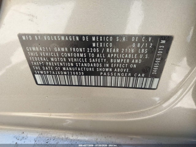 Продаж на аукціоні авто 2013 Volkswagen Jetta 2.5l Se, vin: 3VWDP7AJXDM220839, номер лоту: 45772856