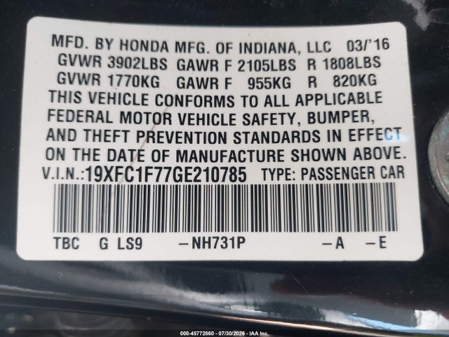 Honda Civic Ex-l 2016 19XFC1F77GE210785 Image 9