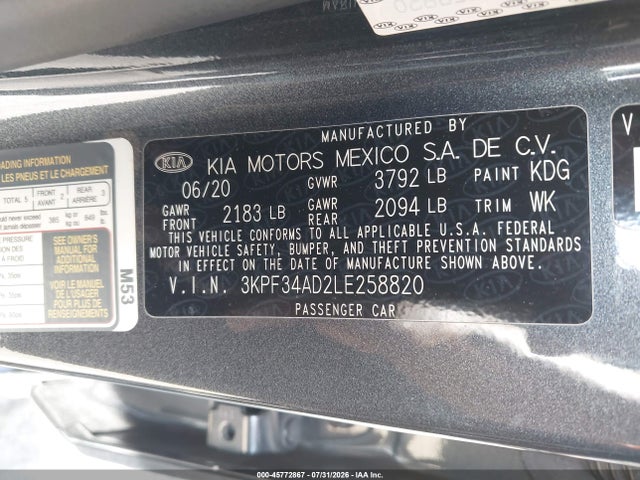 Продажа на аукционе авто 2020 Kia Forte Gt-line, vin: 3KPF34AD2LE258820, номер лота: 45772867