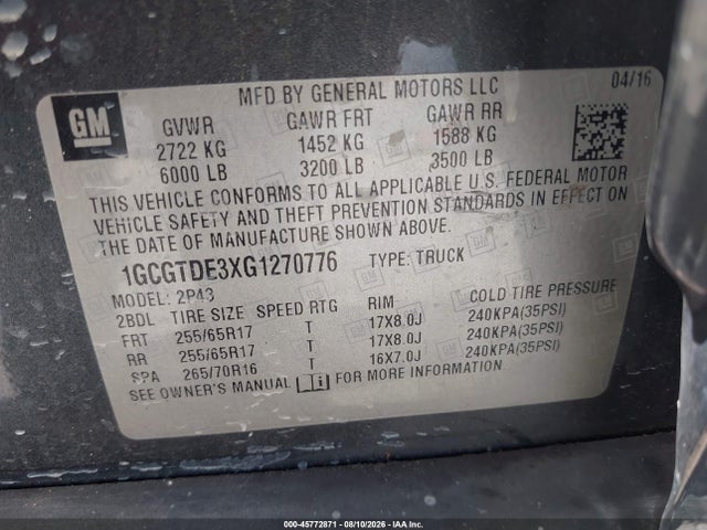 2016 Chevrolet Colorado 4wd Z71 მანქანა იყიდება აუქციონზე, vin: 1GCGTDE3XG1270776, აუქციონის ნომერი: 45772871