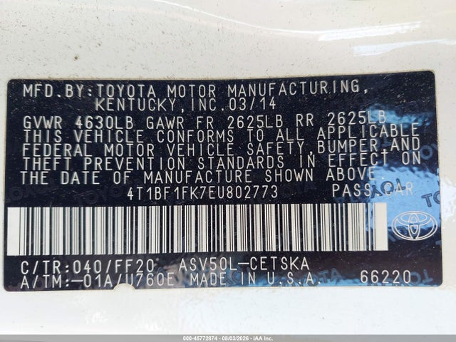 Aukcja sprzedaży 2014 Toyota Camry Se, vin: 4T1BF1FK7EU802773, numer aukcji: 45772874