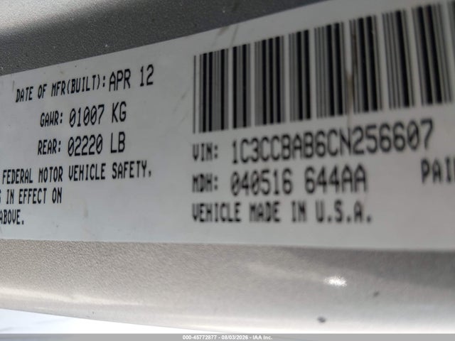 2012 Chrysler 200 Lx მანქანა იყიდება აუქციონზე, vin: 1C3CCBAB6CN256607, აუქციონის ნომერი: 45772877
