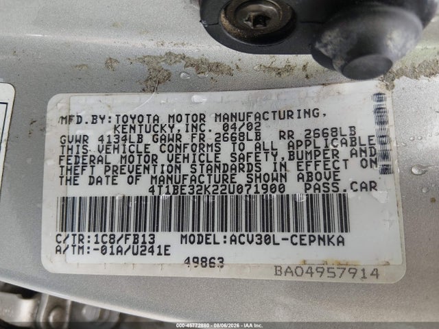 45772880 :رقم المزاد ، 4T1BE32K22U071900 vin ، 2002 Toyota Camry Le مزاد بيع