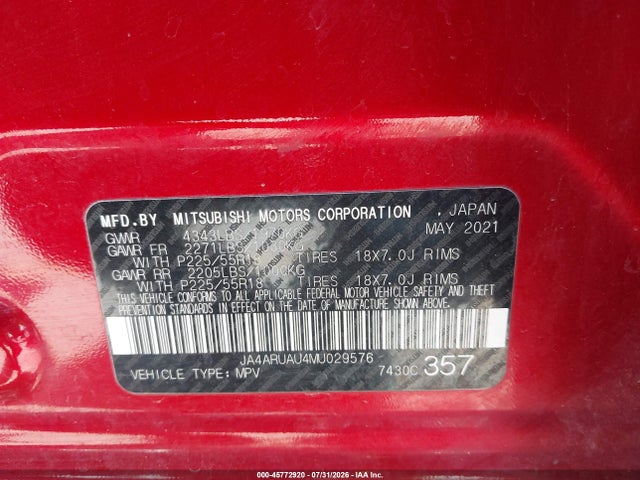 Продажа на аукционе авто 2021 Mitsubishi Outlander Sport 2.0 Be Awc/2.0 Es Awc/2.0 Le Awc/2.0 Se Awc, vin: JA4ARUAU4MU029576, номер лота: 45772920