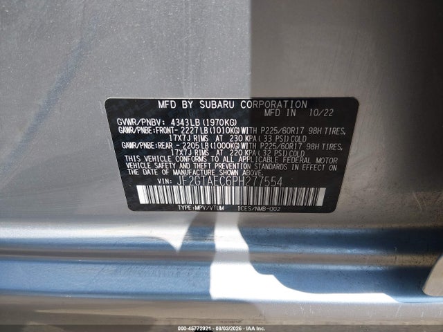 Aukcja sprzedaży 2023 Subaru Crosstrek Premium, vin: JF2GTAEC6PH277554, numer aukcji: 45772921