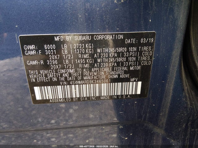 2019 Subaru Ascent Touring მანქანა იყიდება აუქციონზე, vin: 4S4WMARD9K3465061, აუქციონის ნომერი: 45772938