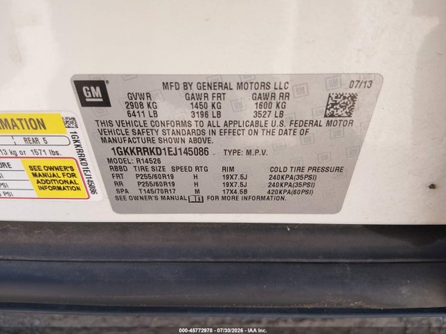 45772978 :رقم المزاد ، 1GKKRRKD1EJ145086 vin ، 2014 Gmc Acadia Slt-1 مزاد بيع