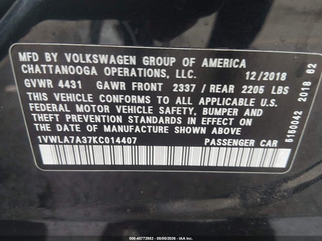 Продаж на аукціоні авто 2019 Volkswagen Passat 2.0t Wolfsburg Edition, vin: 1VWLA7A37KC014407, номер лоту: 45772982