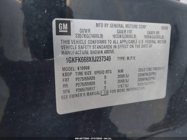 45772988 :رقم المزاد ، 1GKFK668X8J237349 vin ، 2008 Gmc Yukon Xl 1500 Denali مزاد بيع