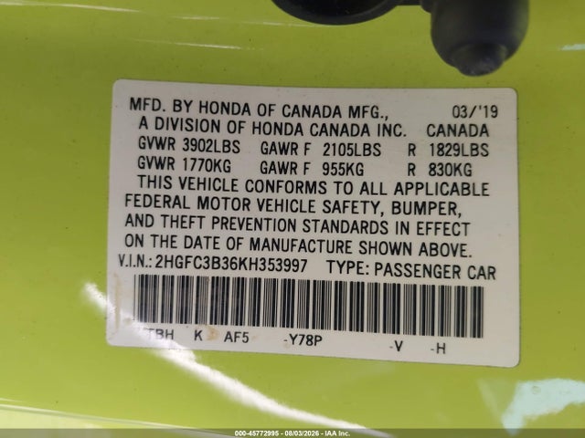 2019 Honda Civic Ex მანქანა იყიდება აუქციონზე, vin: 2HGFC3B36KH353997, აუქციონის ნომერი: 45772995