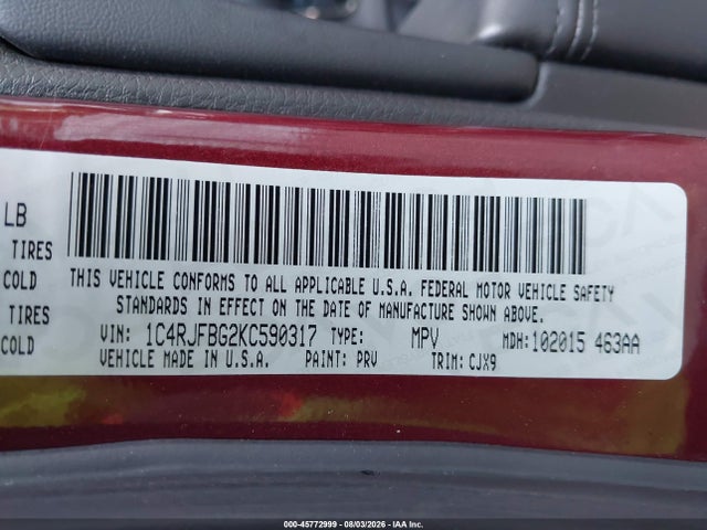 45772999 :رقم المزاد ، 1C4RJFBG2KC590317 vin ، 2019 Jeep Grand Cherokee Limited 4x4 مزاد بيع