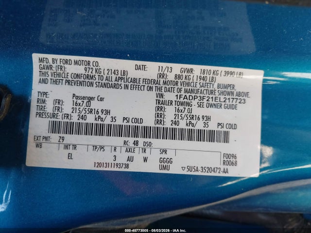 2014 Ford Focus Se მანქანა იყიდება აუქციონზე, vin: 1FADP3F21EL217723, აუქციონის ნომერი: 45773005
