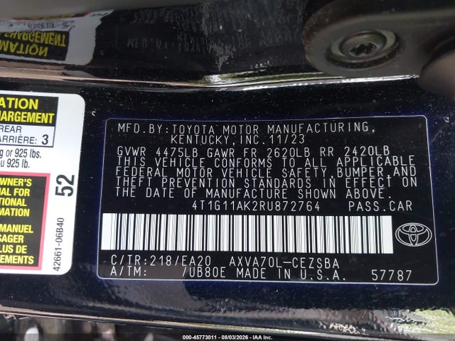 2024 Toyota Camry Se მანქანა იყიდება აუქციონზე, vin: 4T1G11AK2RU872764, აუქციონის ნომერი: 45773011