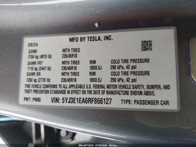 Продаж на аукціоні авто 2024 Tesla Model 3 Long Range Dual Motor All-wheel Drive/rear-wheel Drive, vin: 5YJ3E1EA6RF866127, номер лоту: 45773019