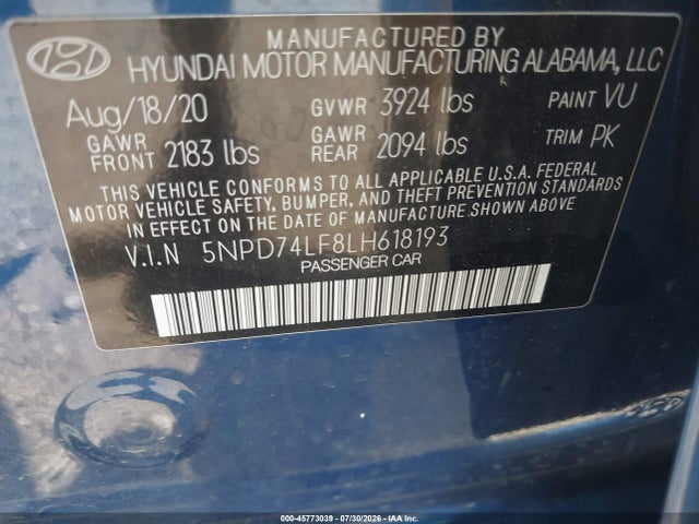 2020 Hyundai Elantra Se მანქანა იყიდება აუქციონზე, vin: 5NPD74LF8LH618193, აუქციონის ნომერი: 45773039