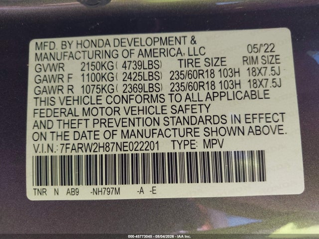 Aukcja sprzedaży 2022 Honda Cr-v Awd Ex-l, vin: 7FARW2H87NE022201, numer aukcji: 45773045