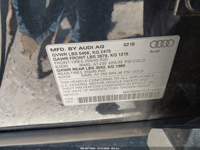 2018 Audi Q5 2.0t Premium/2.0t Tech Premium მანქანა იყიდება აუქციონზე, vin: WA1BNAFY2J2133551, აუქციონის ნომერი: 45773064