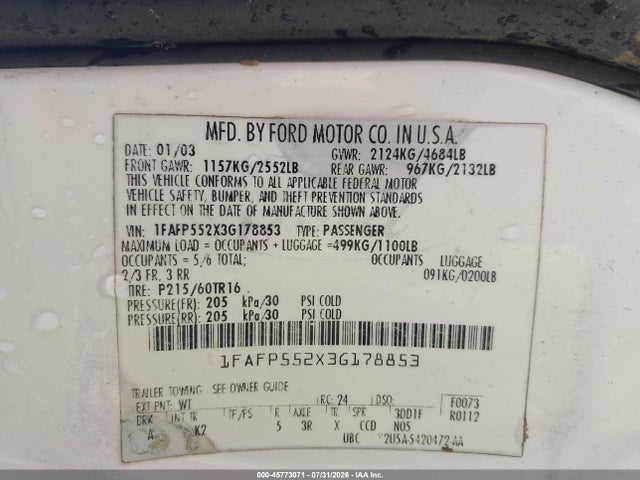 2003 Ford Taurus Ses მანქანა იყიდება აუქციონზე, vin: 1FAFP552X3G178853, აუქციონის ნომერი: 45773071