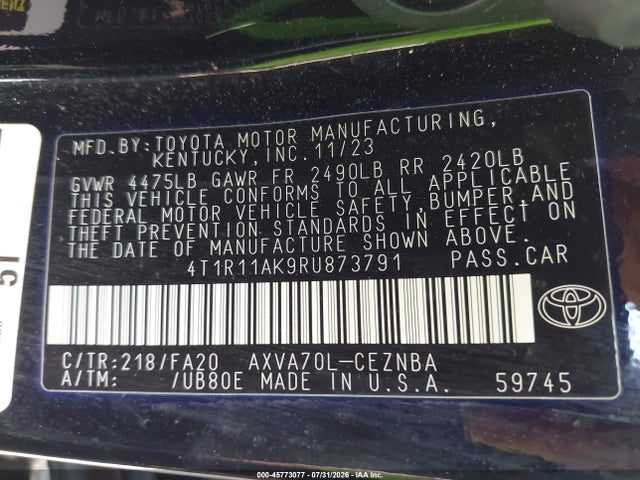 Aukcja sprzedaży 2024 Toyota Camry Le, vin: 4T1R11AK9RU873791, numer aukcji: 45773077