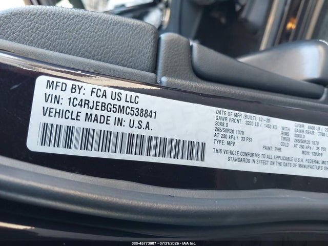 Продажа на аукционе авто 2021 Jeep Grand Cherokee 80th Anniversary 4x2, vin: 1C4RJEBG5MC538841, номер лота: 45773087