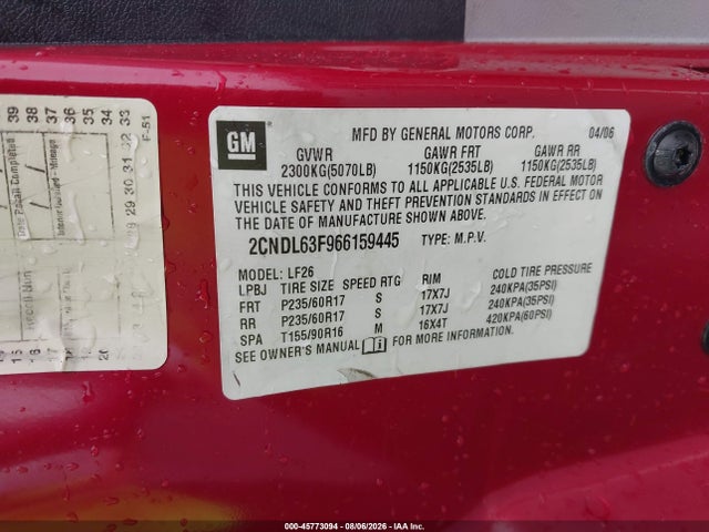 Aukcja sprzedaży 2006 Chevrolet Equinox Lt, vin: 2CNDL63F966159445, numer aukcji: 45773094