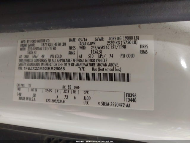 Продажа на аукционе авто 2016 Ford Transit-350 Xl, vin: 1FBZX2ZM5GKB29066, номер лота: 45773100
