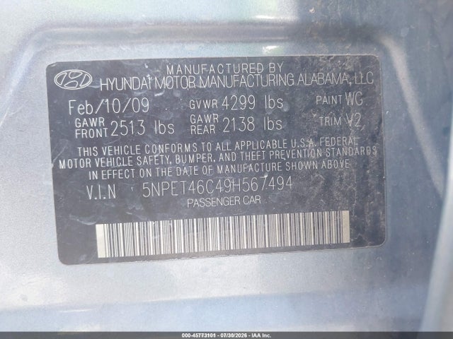 Aukcja sprzedaży 2009 Hyundai Sonata Gls, vin: 5NPET46C49H567494, numer aukcji: 45773101