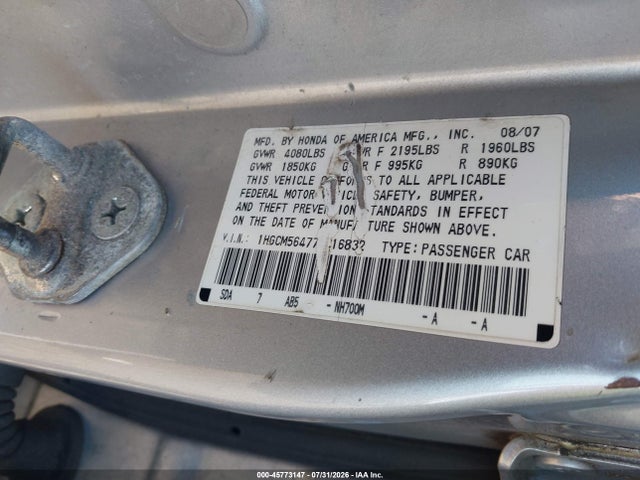 Продажа на аукционе авто 2007 Honda Accord 2.4 Lx, vin: 1HGCM56477A216832, номер лота: 45773147