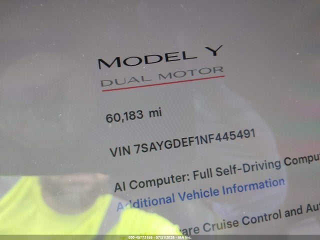 45773156 :رقم المزاد ، 7SAYGDEF1NF445491 vin ، 2022 Tesla Model Y Performance Dual Motor All-wheel Drive مزاد بيع